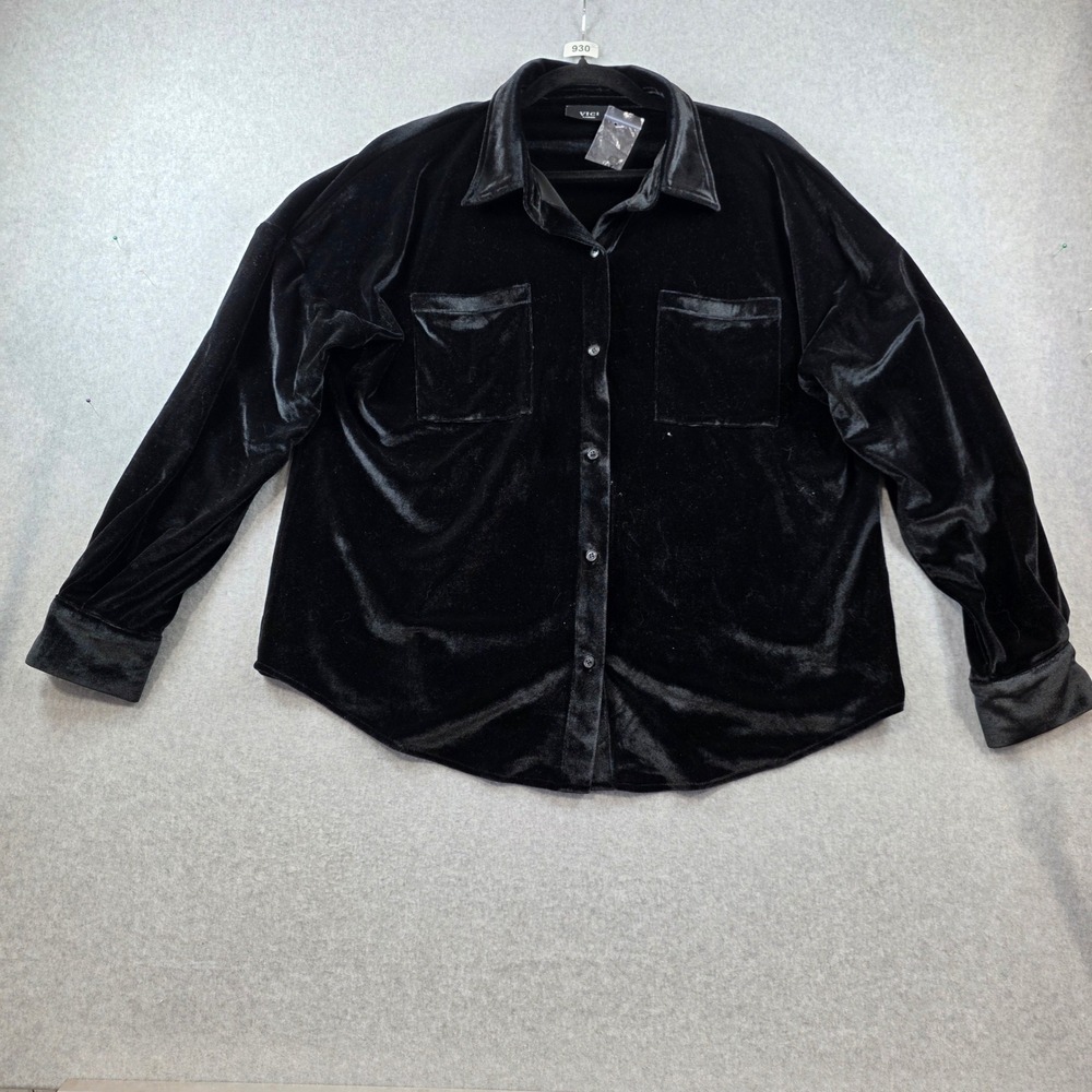 VICI Black Velvet Button Down Shirt Oversized Long Sleeve Blouse Large Pockets
